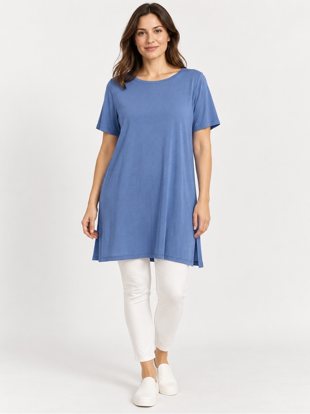 Eileen Fisher Size Small Coast Blue Jersey Shift Tunic Side Slits Short Sleeve